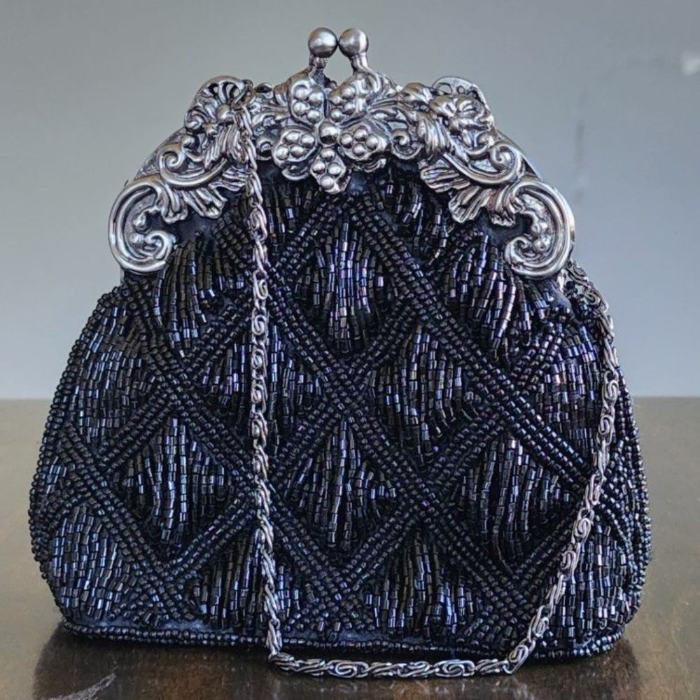 Vintage beaded black embroidery silk purse